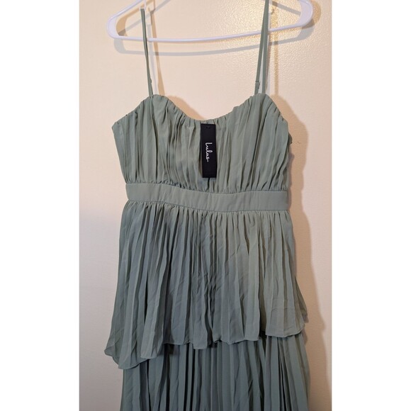 Lulus Jehona Sage Brush Pleated Tiered Maxi Dress Bridesmaid Medium - Picture 7 of 10